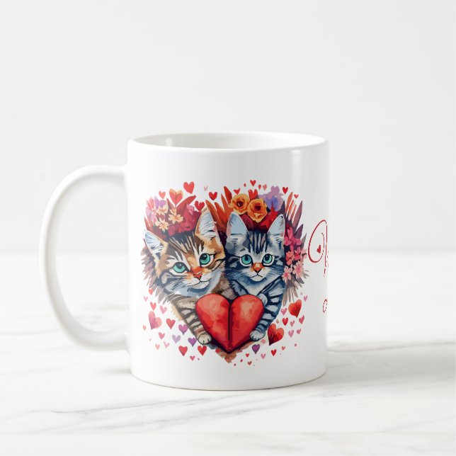 Taza De Café Watercolor Valentines cats with love (Izquierda)