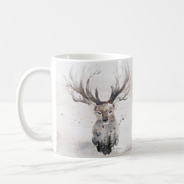 Taza De Café Watercolor Woodland Deer Winter Mug (Izquierda)