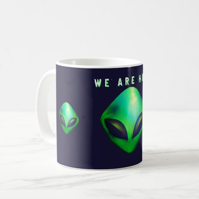 Taza De Café "We Are Here" Green Alien head (Anverso izquierdo)