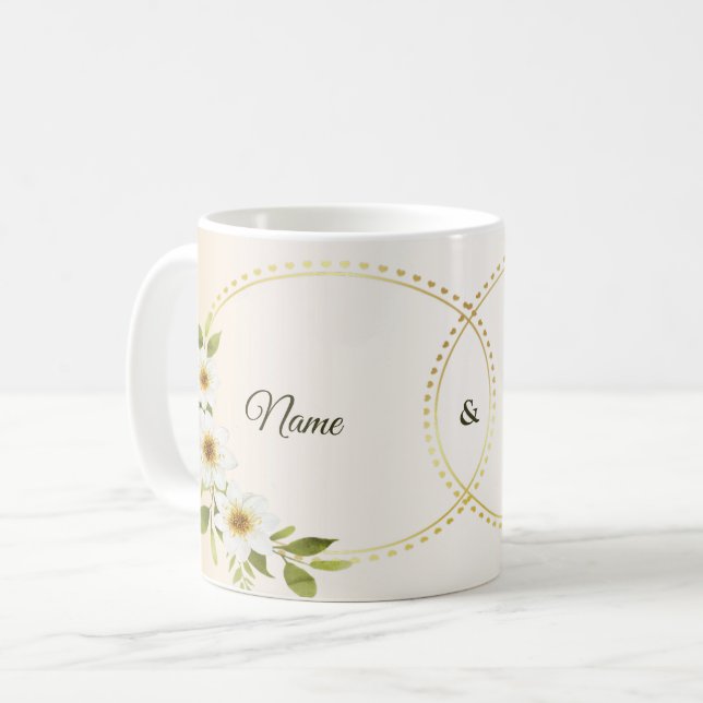 Taza De Café Wedding Rustic Golden Geometric White Floral Peach (Anverso izquierdo)