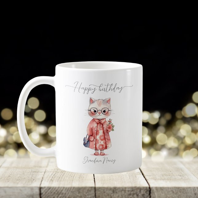 Taza De Café Whimsical acuarela Granny Cat Feliz cumpleaños (Whimsical Watercolor Granny Cat Happy Birthday Coffee Mug)
