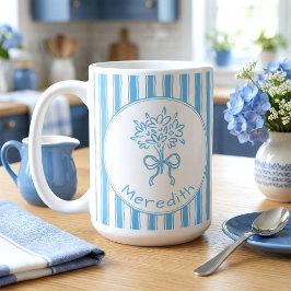 Taza De Café Whimsical Blue White Stripe Preppy Monogram
