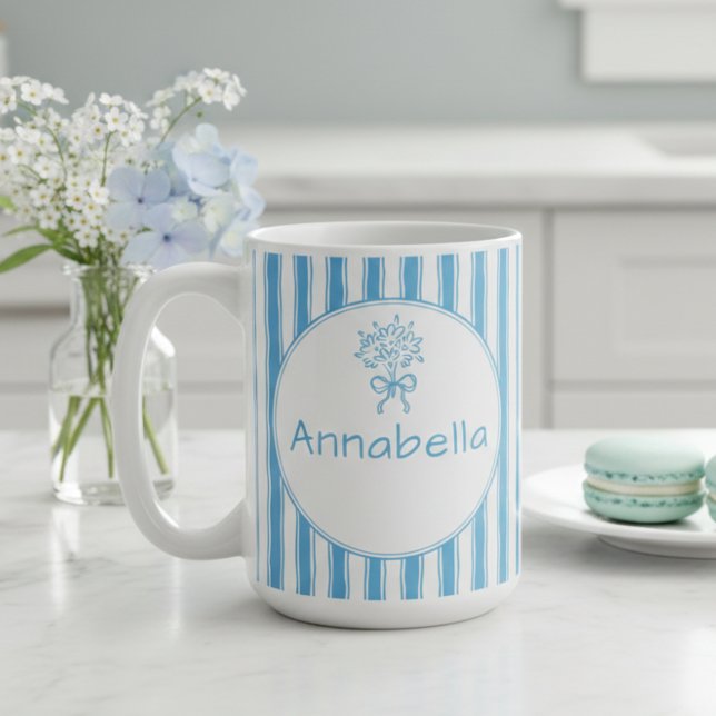 Taza De Café Whimsical Blue White Stripe Preppy Monogram (Subido por el creador)