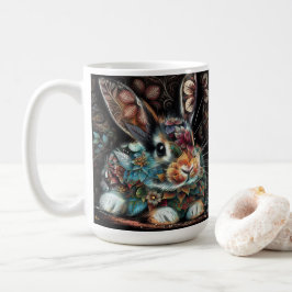 Taza De Café Whimsical Bunny Rabbit Floral Resumen Verde azulad