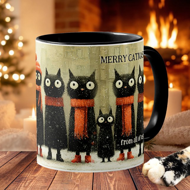 Taza De Café Whimsical Cat Art Merry Catmas Christmas (Christmas cat mug featuring a whimsical painting of a row of cats in winter outfit)
