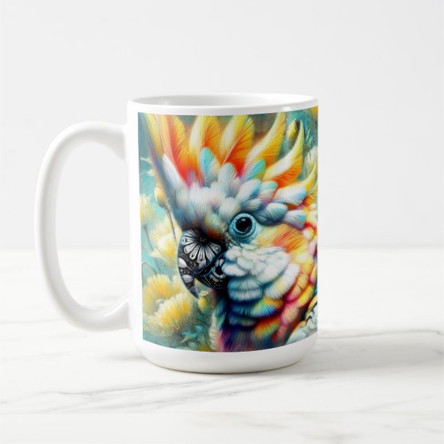 Taza De Café Whimsical Cockatoo Ave Amarillo Poppies Floral (Izquierda)