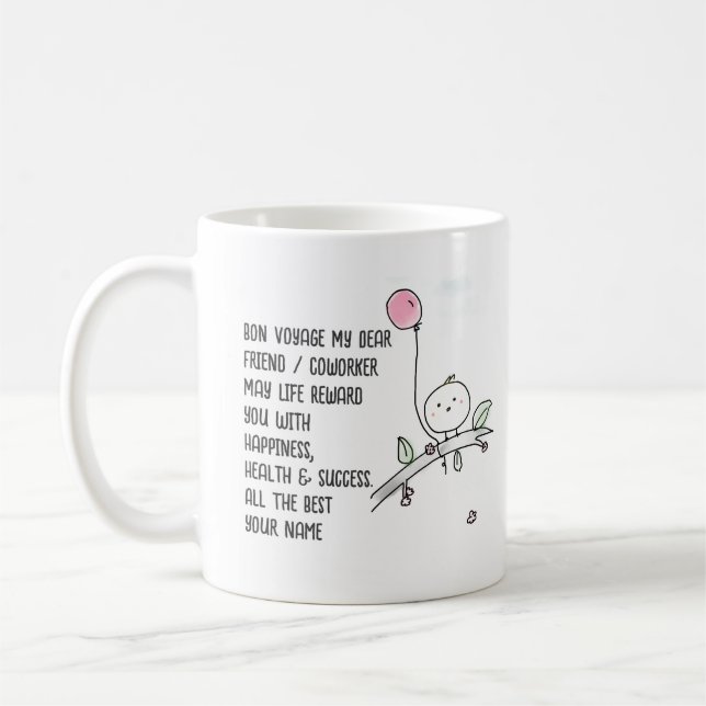 Taza De Café Whimsical Farewell Coworker Lineart manuscrito (Izquierda)