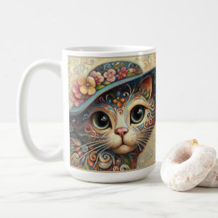 Taza De Café Whimsical Floral Resumen Gato Kitty con Gorra