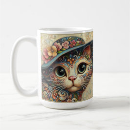 Taza De Café Whimsical Floral Resumen Gato Kitty con Gorra