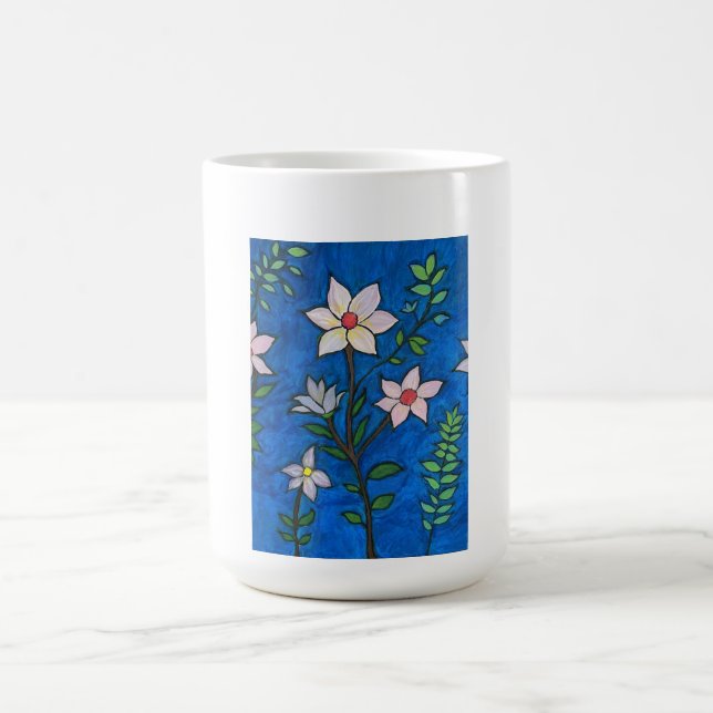 Taza De Café Whimsical Flowers with Blue Background  (Centro)