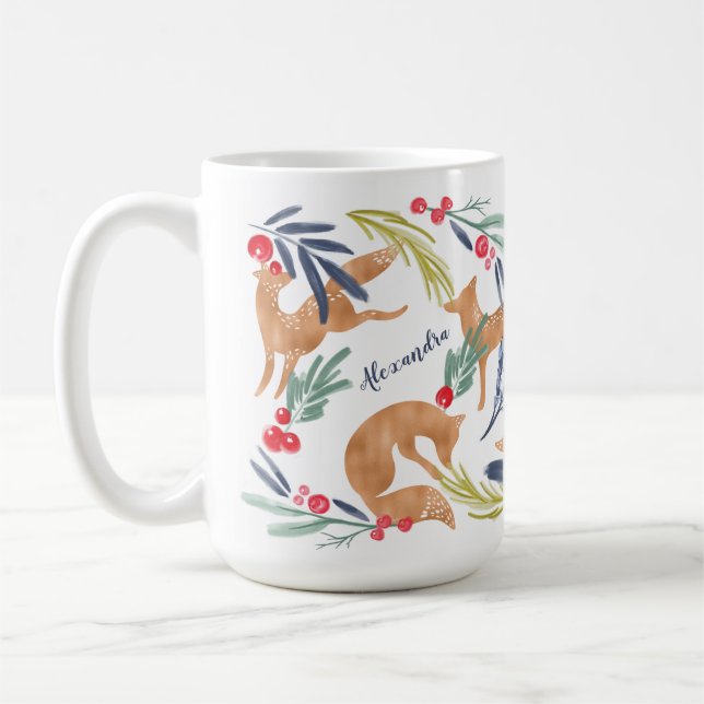 Taza De Café Whimsical Forest Foxes Acuarela Festividad (Izquierda)