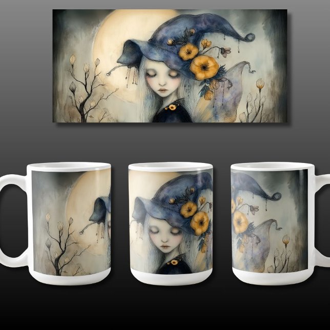 Taza De Café Whimsical Halloween Moon Witch con alas (Subido por el creador)