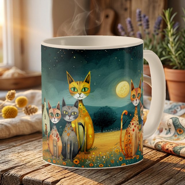 Taza De Café Whimsical Midnight Garden Folk Art Cats (Artistic magical midnight mug featuring a fine art design with cute stylized cats)