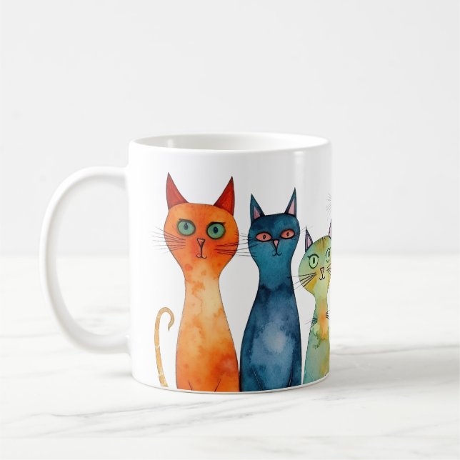 Taza De Café Whimsical Naranja Purple Verde azulado Cats de acu (Izquierda)