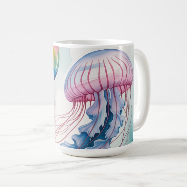 Taza De Café Whimsical Rainbow Jellyfish Watercolor Design (Anverso derecho)