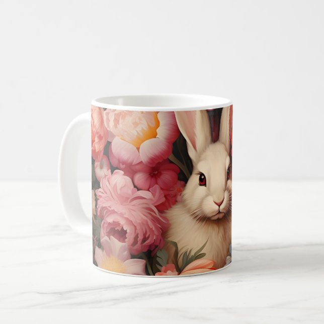 Taza De Café Whimsical Vintage Bunny Spring Blooms (Anverso izquierdo)
