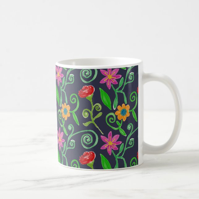 Taza De Café Whimsical Watercolor Floral Navy Blue (Derecha)