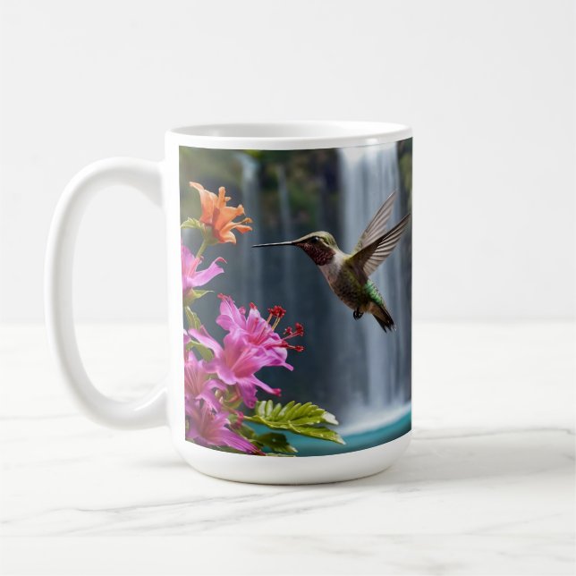 Taza De Café "Whispers of Nature: Hummingbird, Waterfall (Izquierda)
