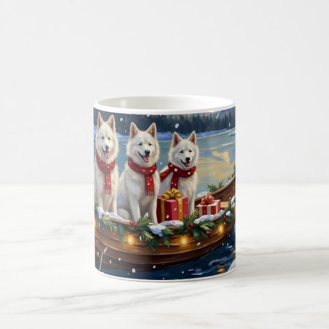 Taza De Café White American Eskimo Dog Christmas Boat Holiday (Centro)