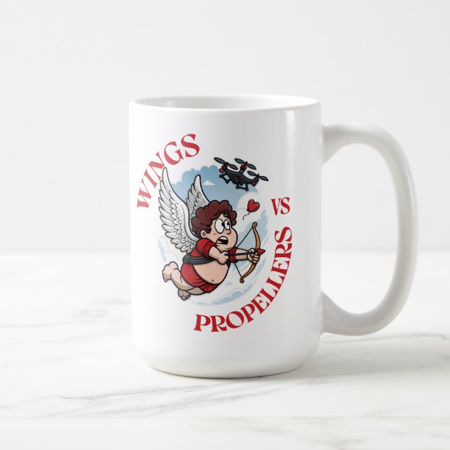 Taza De Café Wings vs Propellers, Cupidon vs Drone, Valentine’s (Derecha)