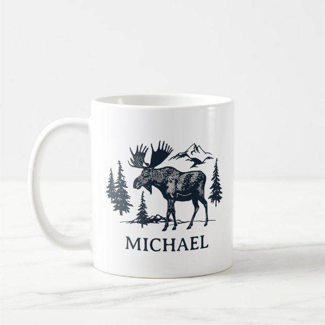 Taza De Café Winter Forest Woodland Moose Personalized   (Izquierda)