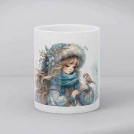Taza De Café Winter Girl with Bird in Blue Floral Coat