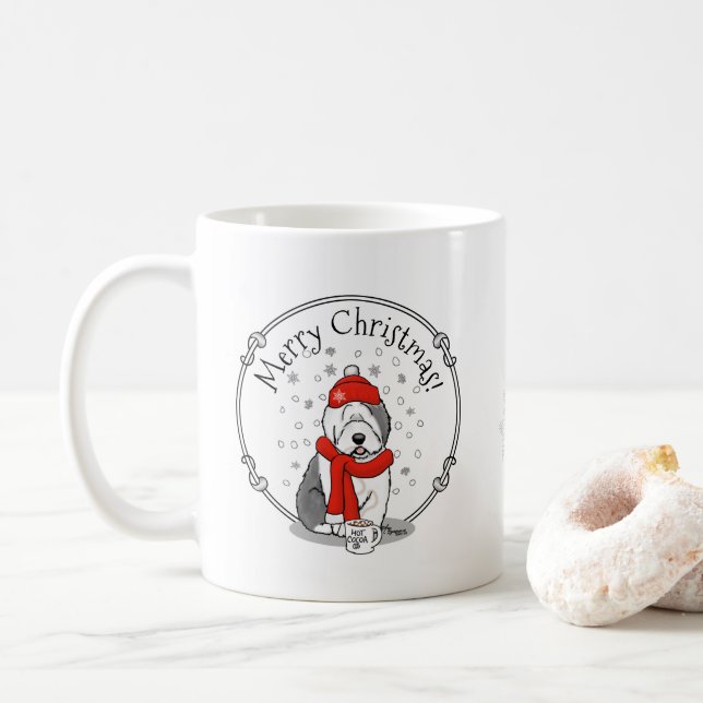 Taza De Café Winter (rojo) Perro inglés viejo (gris 1) lindo (Con donut)