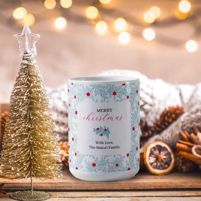 Taza De Café Winter Sprig Pattern | Minimal Pine Branch & Berry (Subido por el creador)