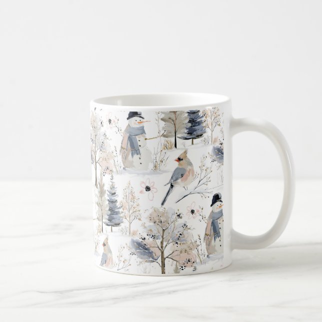 Taza De Café Winter Wonderland Snowman and Bird Pattern (Derecha)