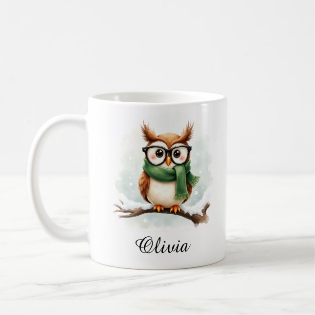 Taza De Café Wise Owl in Glasses & Scarf Custom Name Mug (Izquierda)