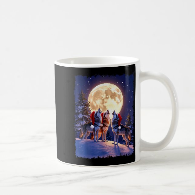 Taza De Café Wolf Christmas Funny 3 Wolf Howling Moon Santa Hat (Derecha)