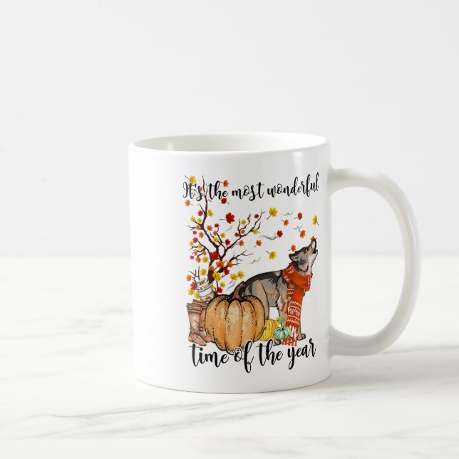 Taza De Café Wolf Dog Fall Pumpkins Autumn Leaf Tree (Derecha)