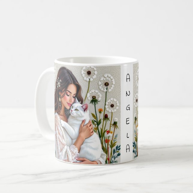 Taza De Café Woman and White Cat and Dandelions  (Anverso izquierdo)