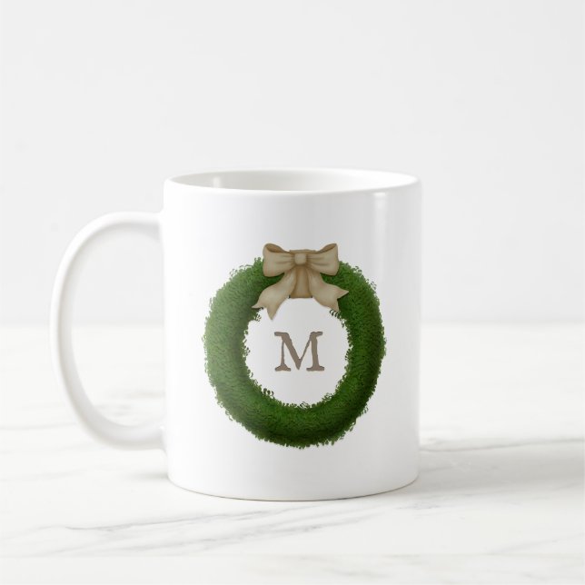 Taza De Café Wreath De Boxwood Con Personalizado De Bow Rústico (Izquierda)