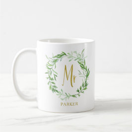 Taza De Café Wreath de hojas botánicas verdes | Faux Gold Mr.