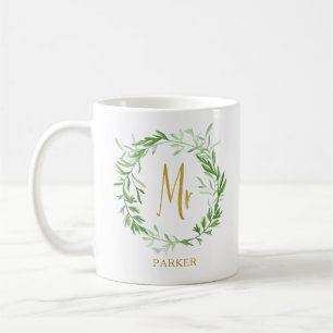 Taza De Café Wreath de hojas botánicas verdes   Faux Gold Mr.