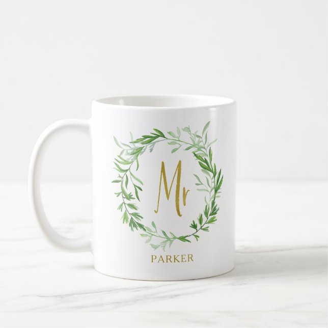 Taza De Café Wreath de hojas botánicas verdes | Faux Gold Mr. (Izquierda)