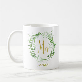 Taza De Café Wreath de hojas botánicas verdes | Faux Gold Mrs.