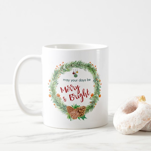 Taza De Café Wreath de Navidades merry y brillantes (Con donut)