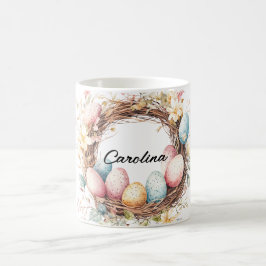 Taza De Café Wreath de Pascua acuarela con huevos y flores