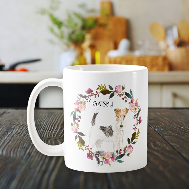 Taza De Café Wreath de Rosa de hilo de agua personalizada Terri (Cute fox terrier watercolor portrait framed in floral wreath. Dog mom gift.)