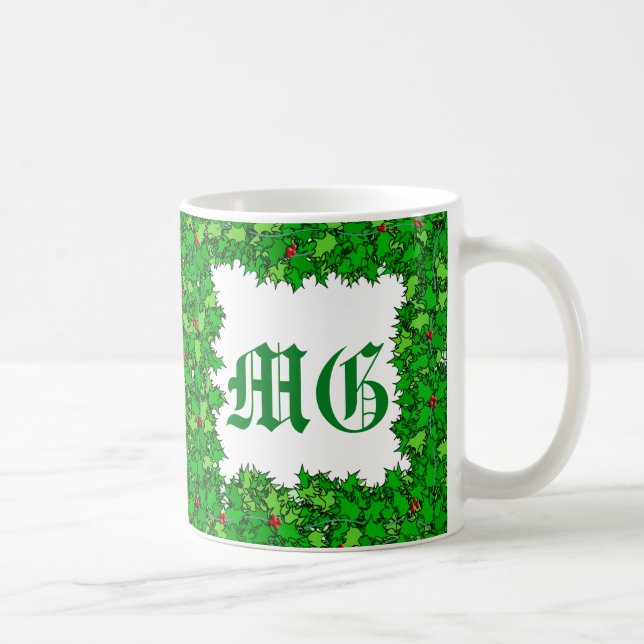 Taza De Café Wreath holly con monograma, verde oscuro (Derecha)