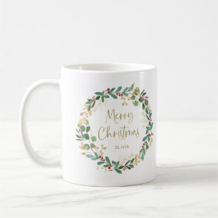Taza De Café Wreath moderna y guión dorado   Feliz Navidad
