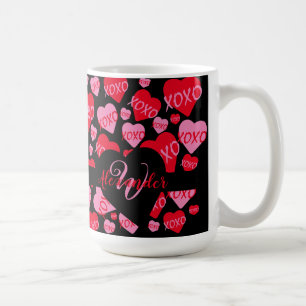 Taza De Café XOXO Monograma Corazón Pink Red Patrón Negro