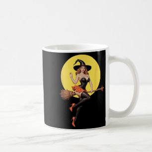 Taza De Café Y Halloween Bruja Chica Pin-up Montando Una Escoba