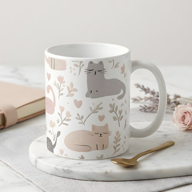Taza de café y té con gato pastel adorable y patró (Subido por el creador)