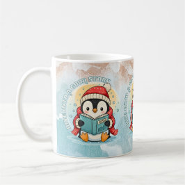 Taza de café y té de pingüino de lectura acogedora