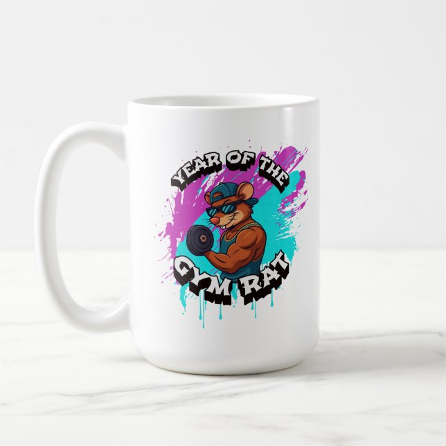 Taza De Café Year of the Gym Rat Funny Workout Cartoon Design (Izquierda)