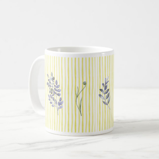 Taza De Café Yellow Stripes with Watercolor Wildflowers (Anverso izquierdo)