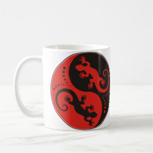 Taza De Café YIN y YANG Geckos rojo negro + tu idea de fondo